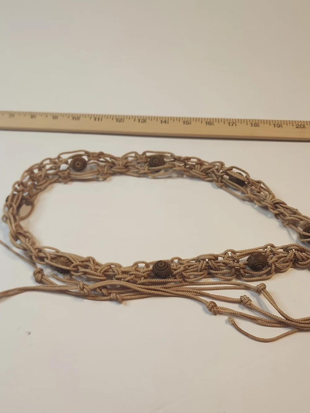 Vintage Boho Cord & Wood Macrame Beaded Woven Natural Rattan Belt Light Brown